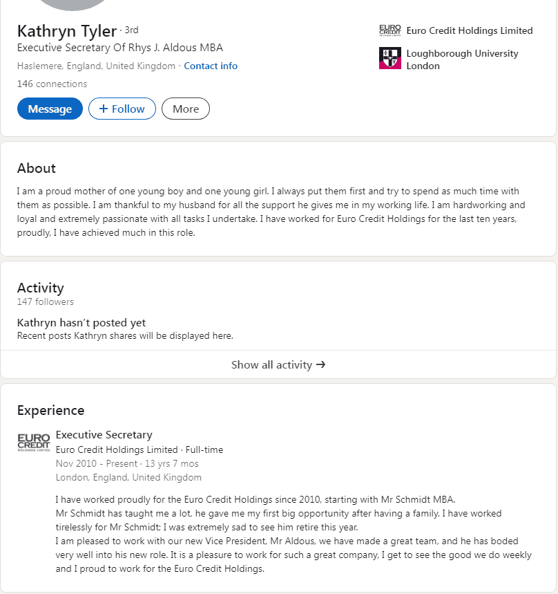 Kathryn Tyler - Executive Secretary To Rhys Aldous